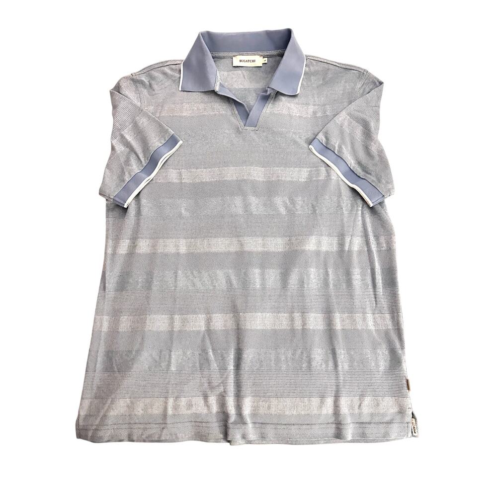 Bugatchi Polo Shirt Men’s Large Blue Striped Cotton Linen Short Sleeve
